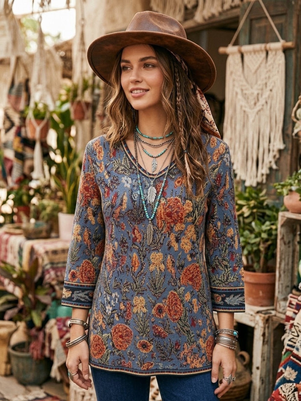 Peruvian Connection Tapestry Cotton Knit Floral Sweater Top S Boho Grandmacore